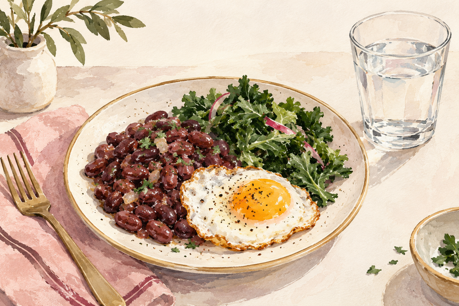 An ordinary meal includes protein, greens and water.