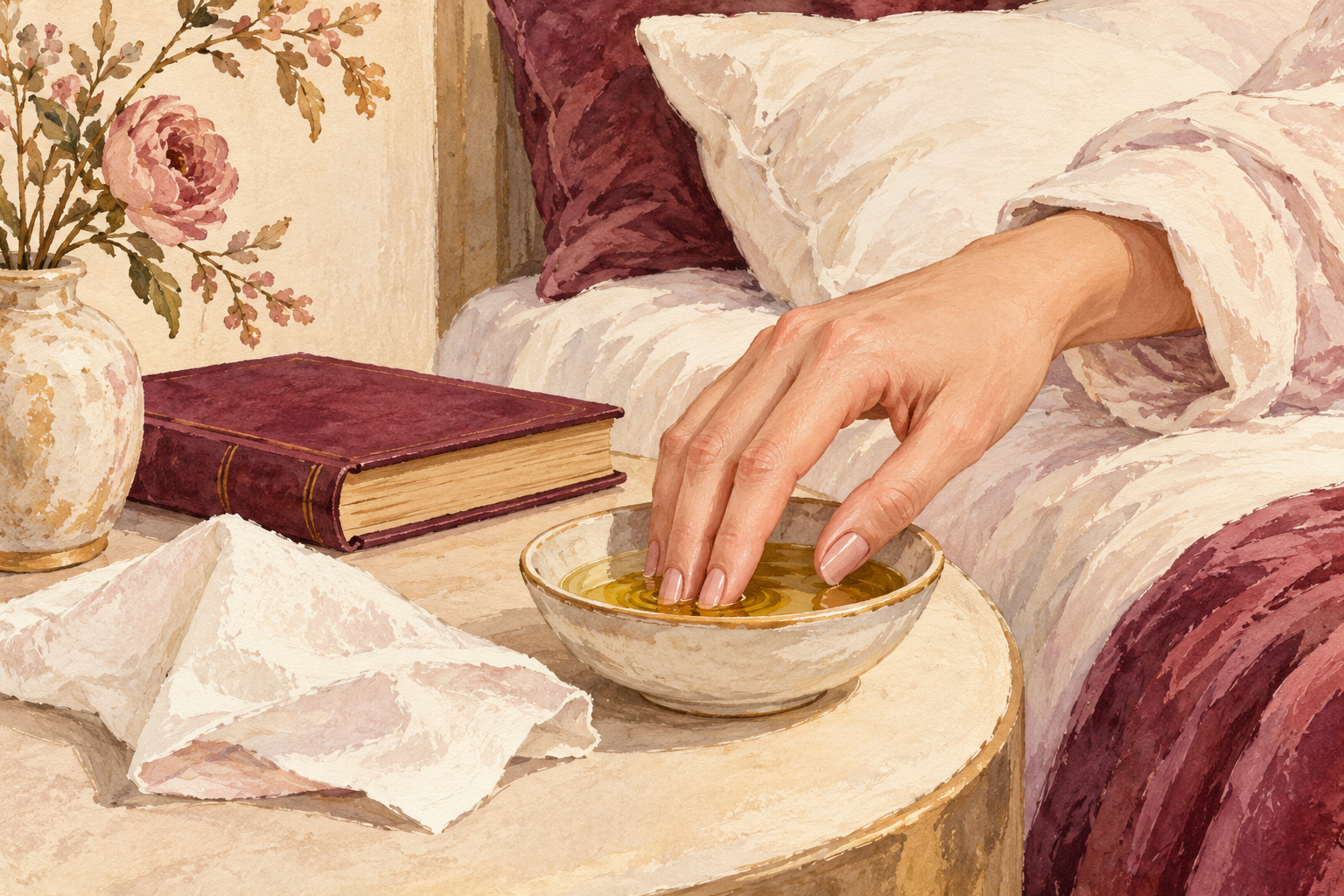 Fingertips rest in a small oil bowl.