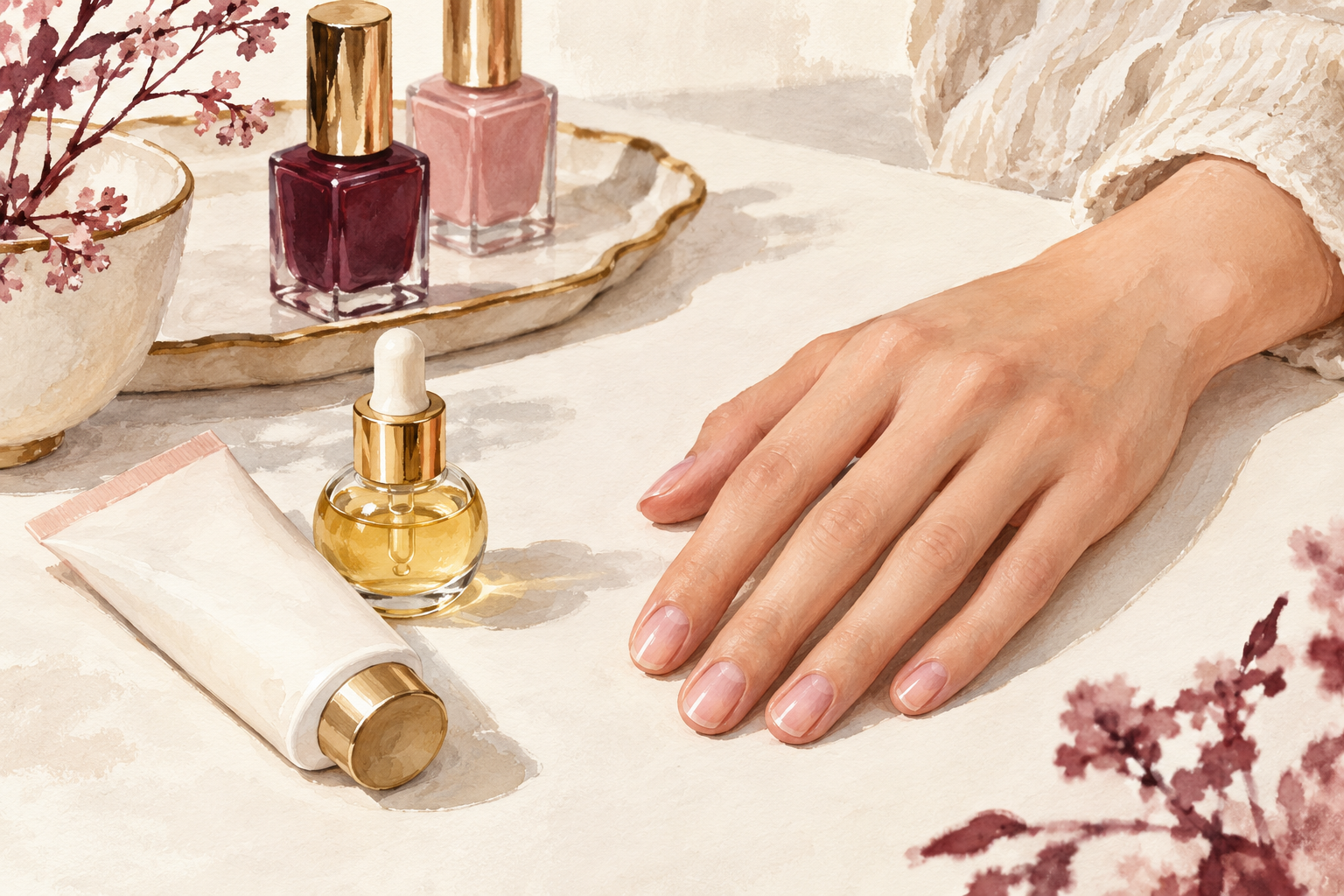 A bare hand rests beside cream and oil.