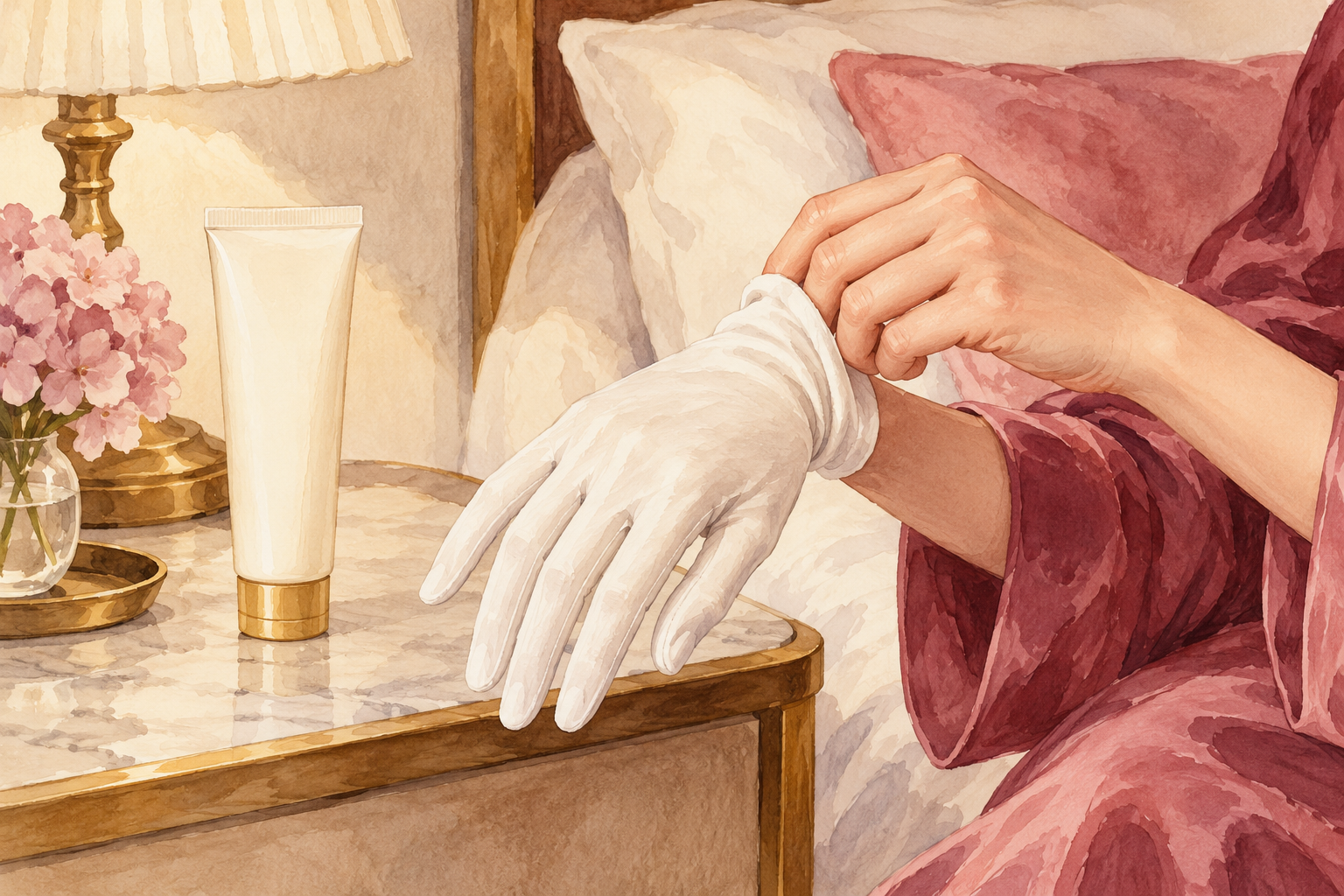 A cotton glove is put on beside hand cream.