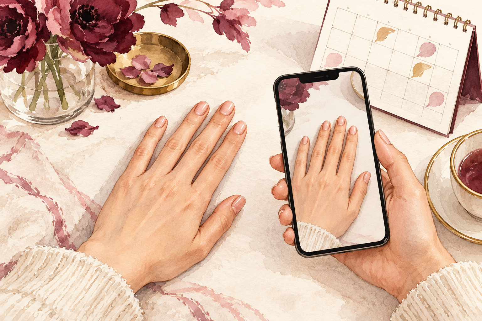 A current hand photo sits beside a simple care calendar.
