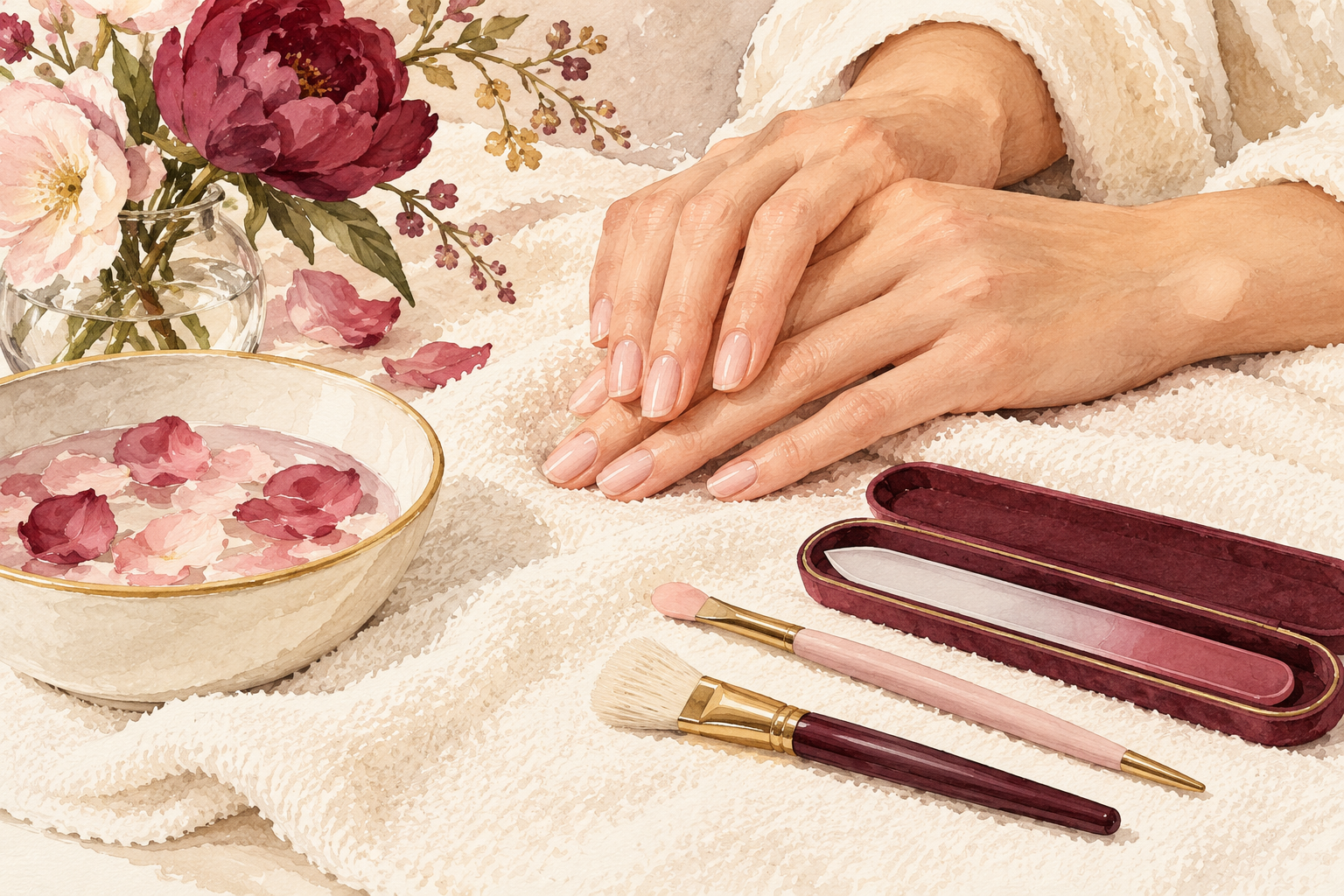 Gentle nail tools rest on a clean towel.