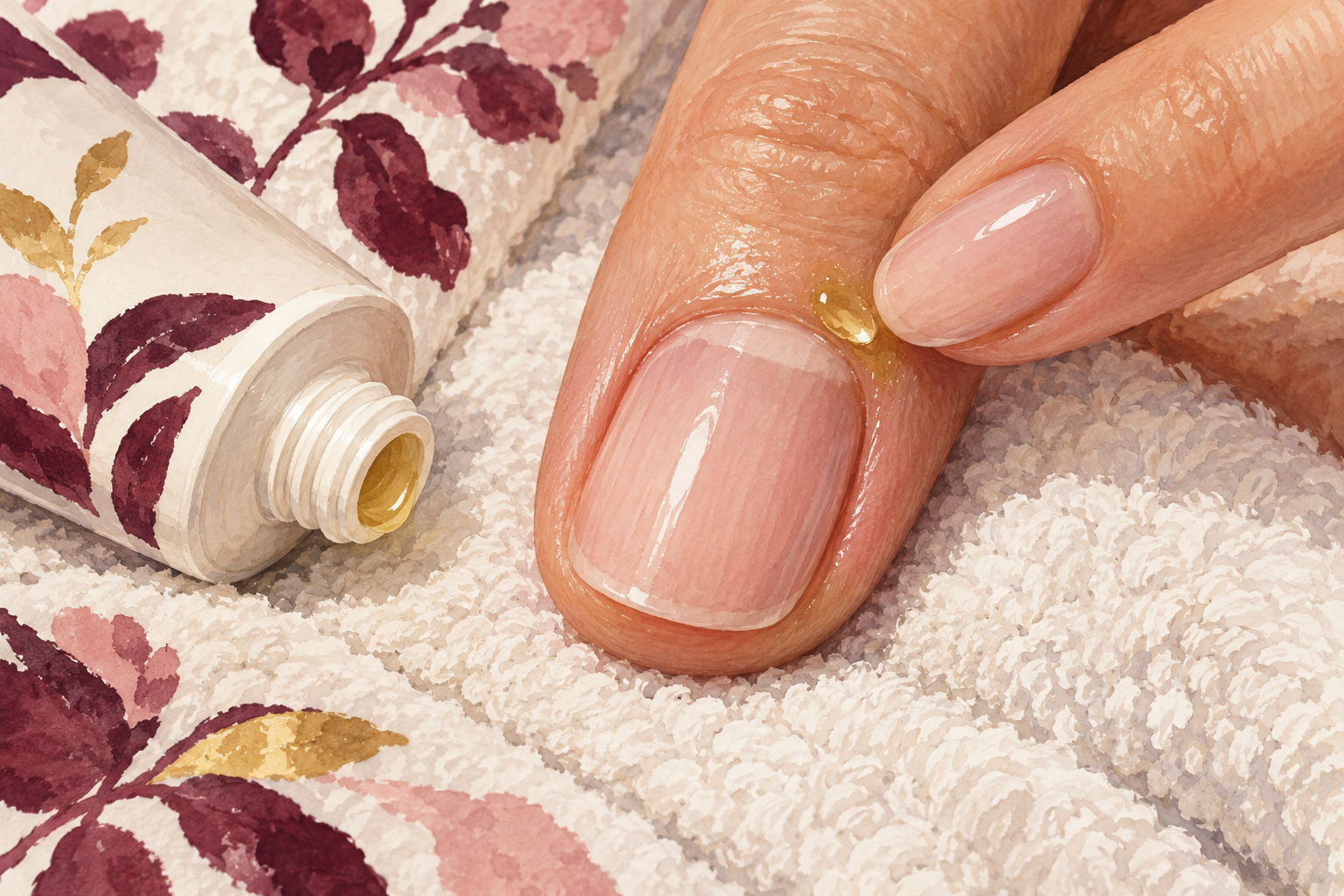 A fingertip applies a tiny oil drop beside the thumbnail cuticle.