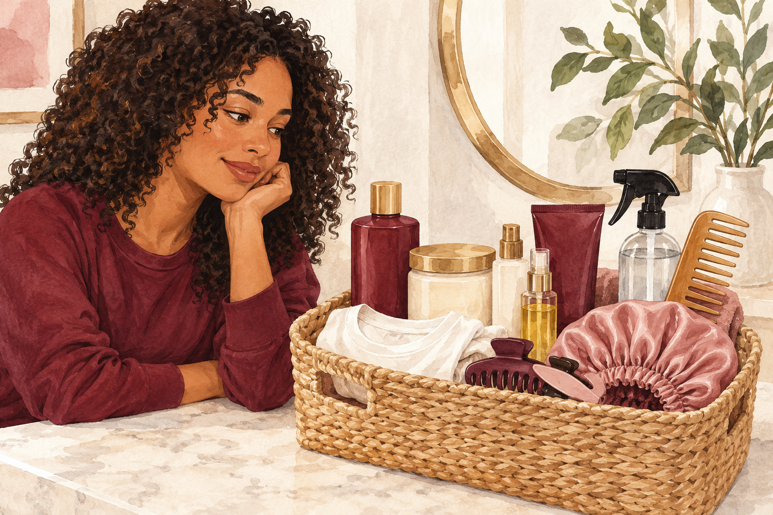 A curl-care basket holds products and gentle tools.