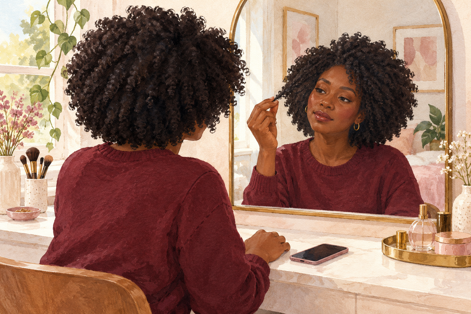 A woman studies the ends of her tight coils.