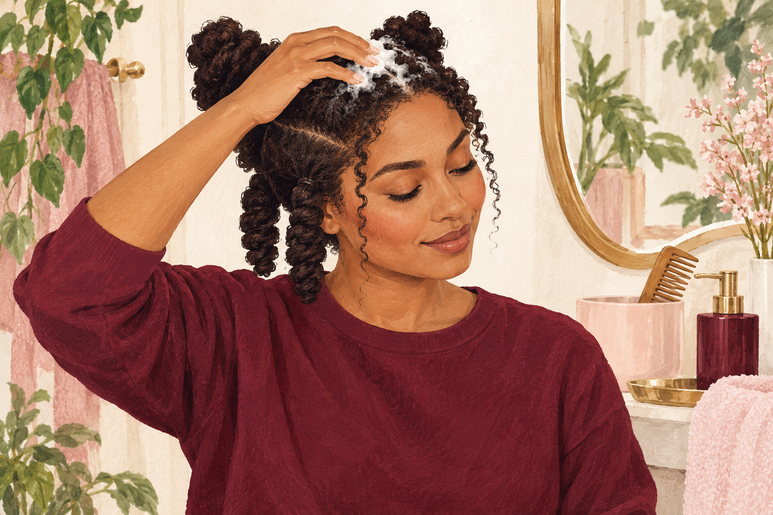 Fingertip pads massage a little foam at the scalp.