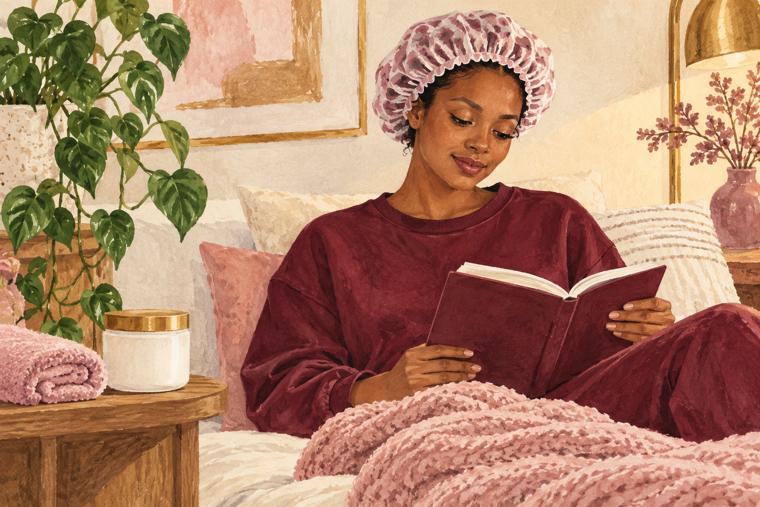 A woman reads under a loose cap beside a conditioner jar and folded towel.