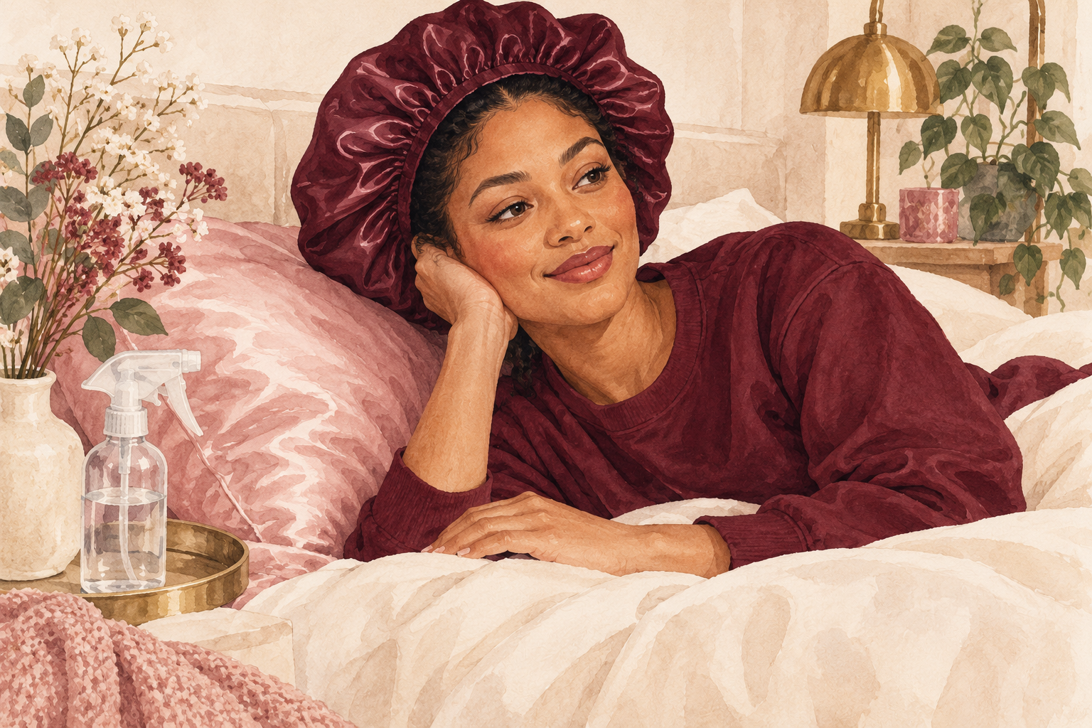 A woman wears a loose satin bonnet with a relaxed hairline.