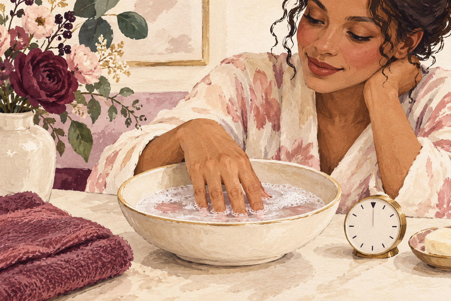 Fingertips soak in a shallow bowl of soapy water beside a timer.