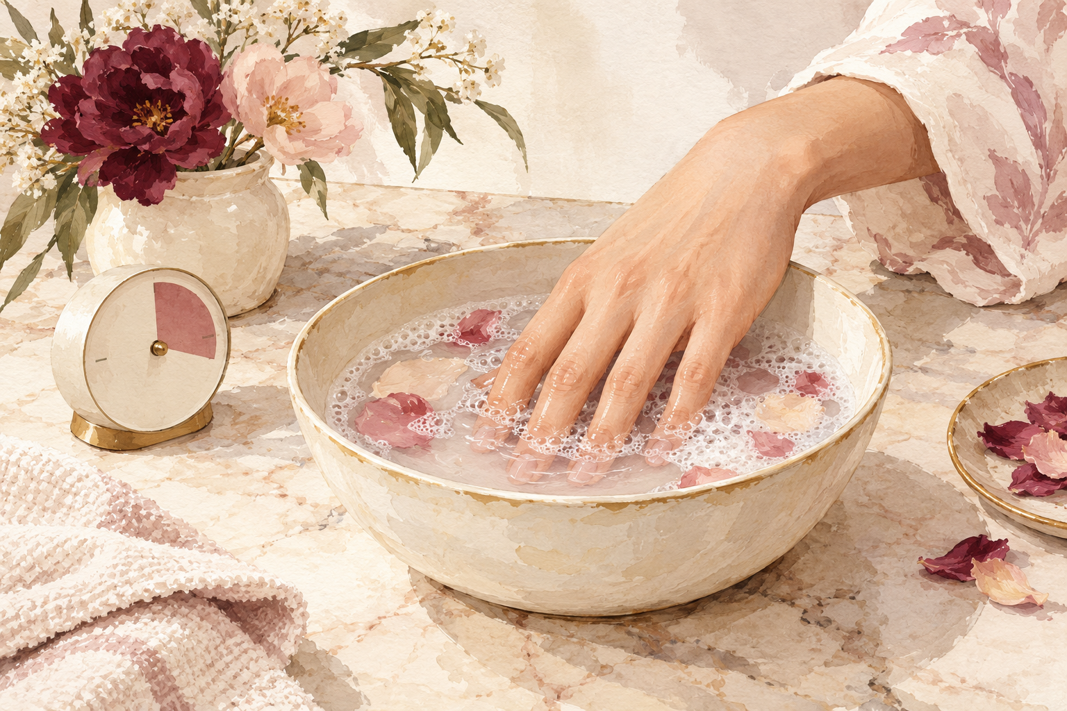 A press-on nail returns to a water soak.