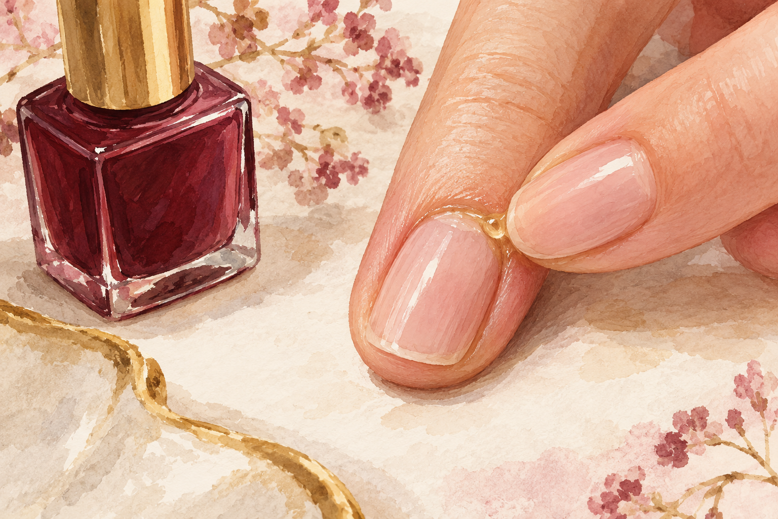 A fingertip massages a tiny oil bead into skin beside a bare nail.