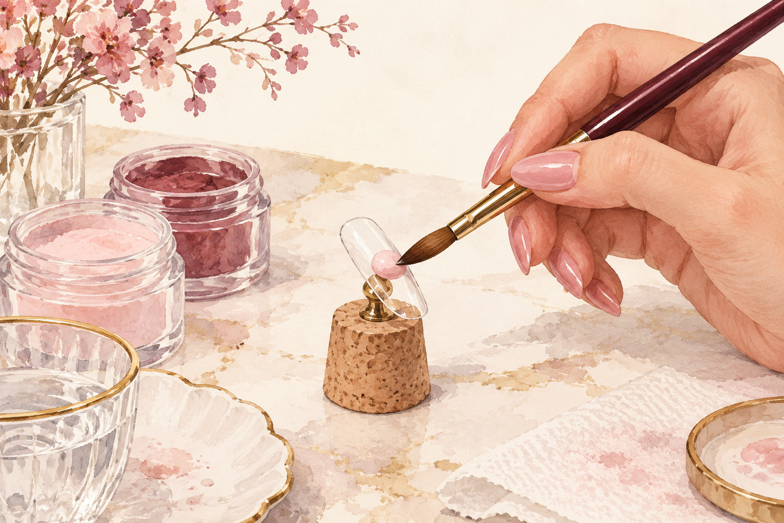 A brush practices on a separate nail tip.