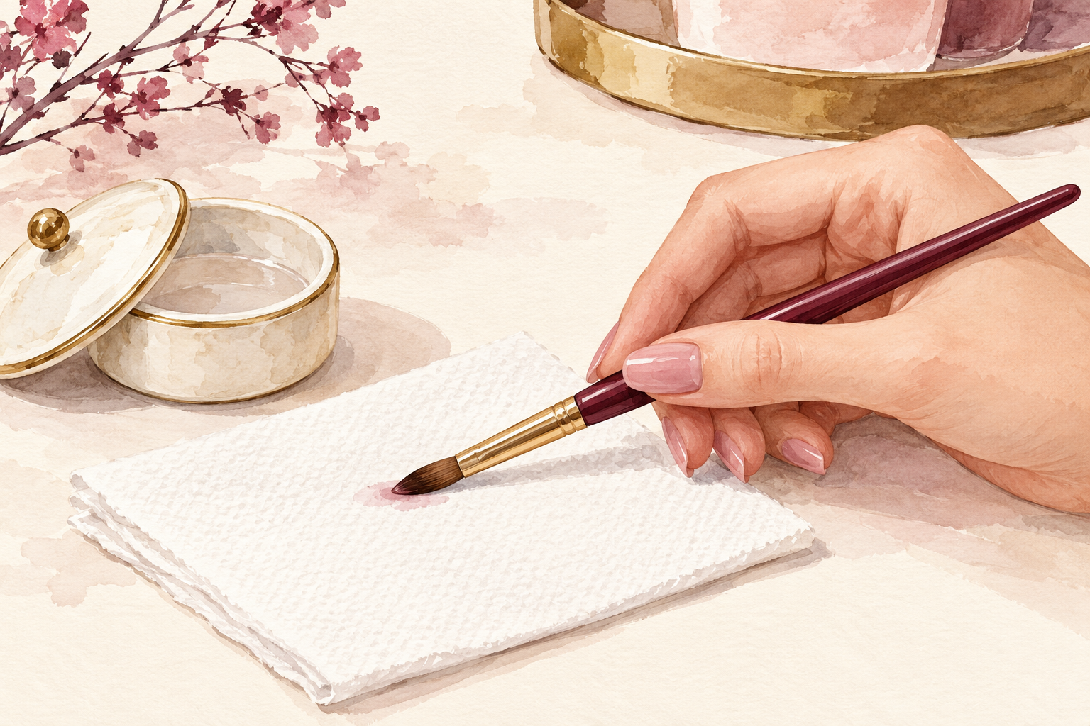A damp brush tip touches a flat paper towel.