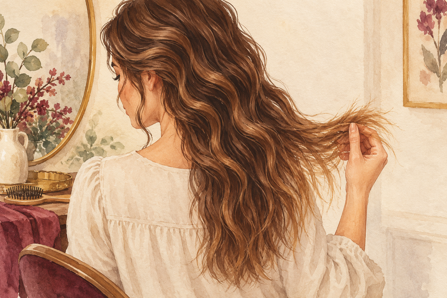 A woman lifts the ends of her wavy hair; the roots show loose waves while the older tips look straighter and fuzzier.