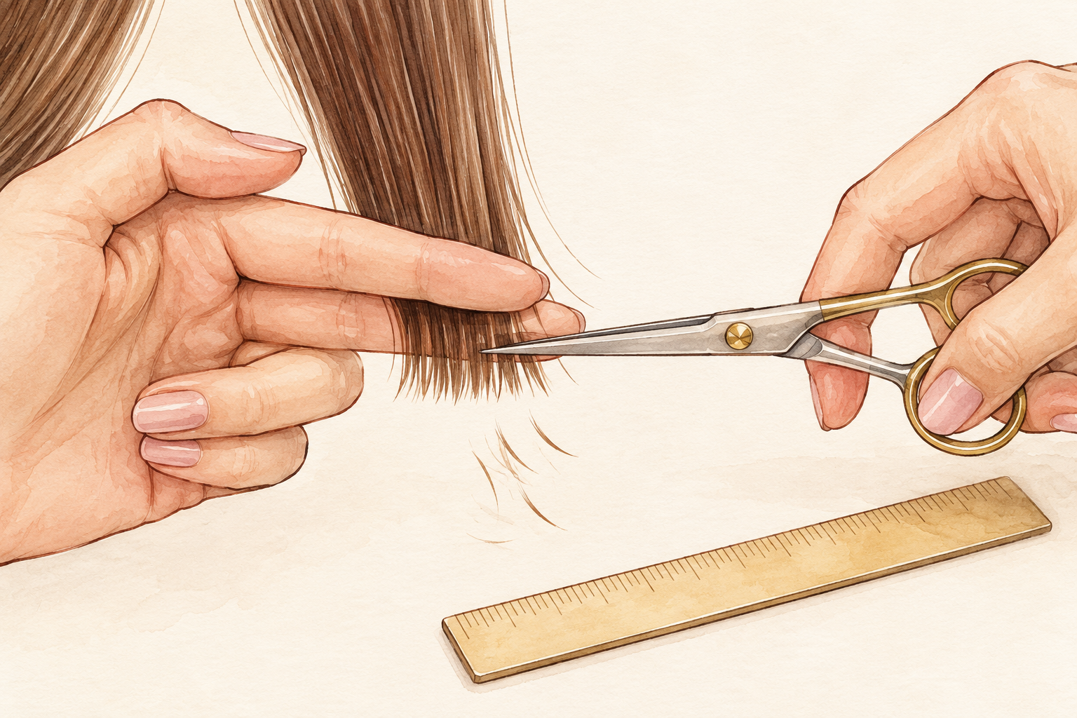 Haircut scissors align with a tiny amount at the tips of one supported straight hair section, with a plain ruler nearby.