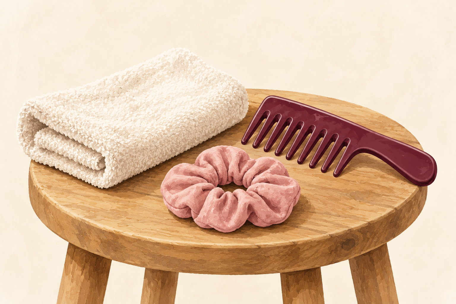 A microfiber towel, wide-tooth comb and fabric scrunchie arranged on a wooden stool.