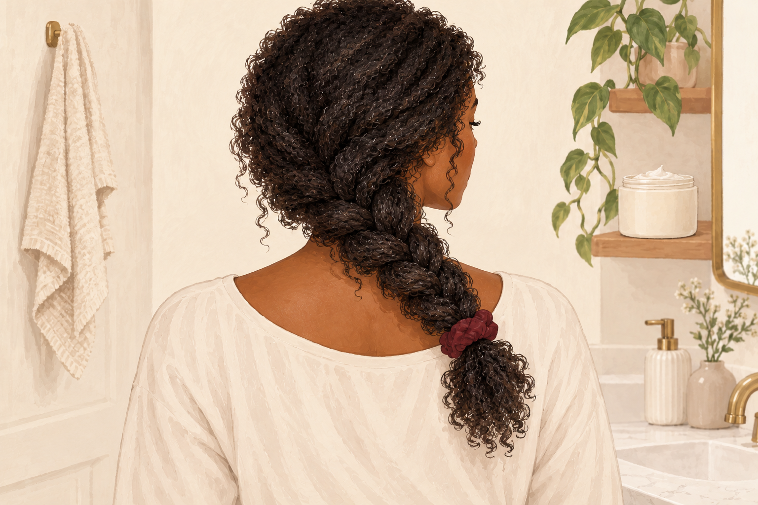 A woman seen from behind wearing a loose low braid tied with a soft fabric band.