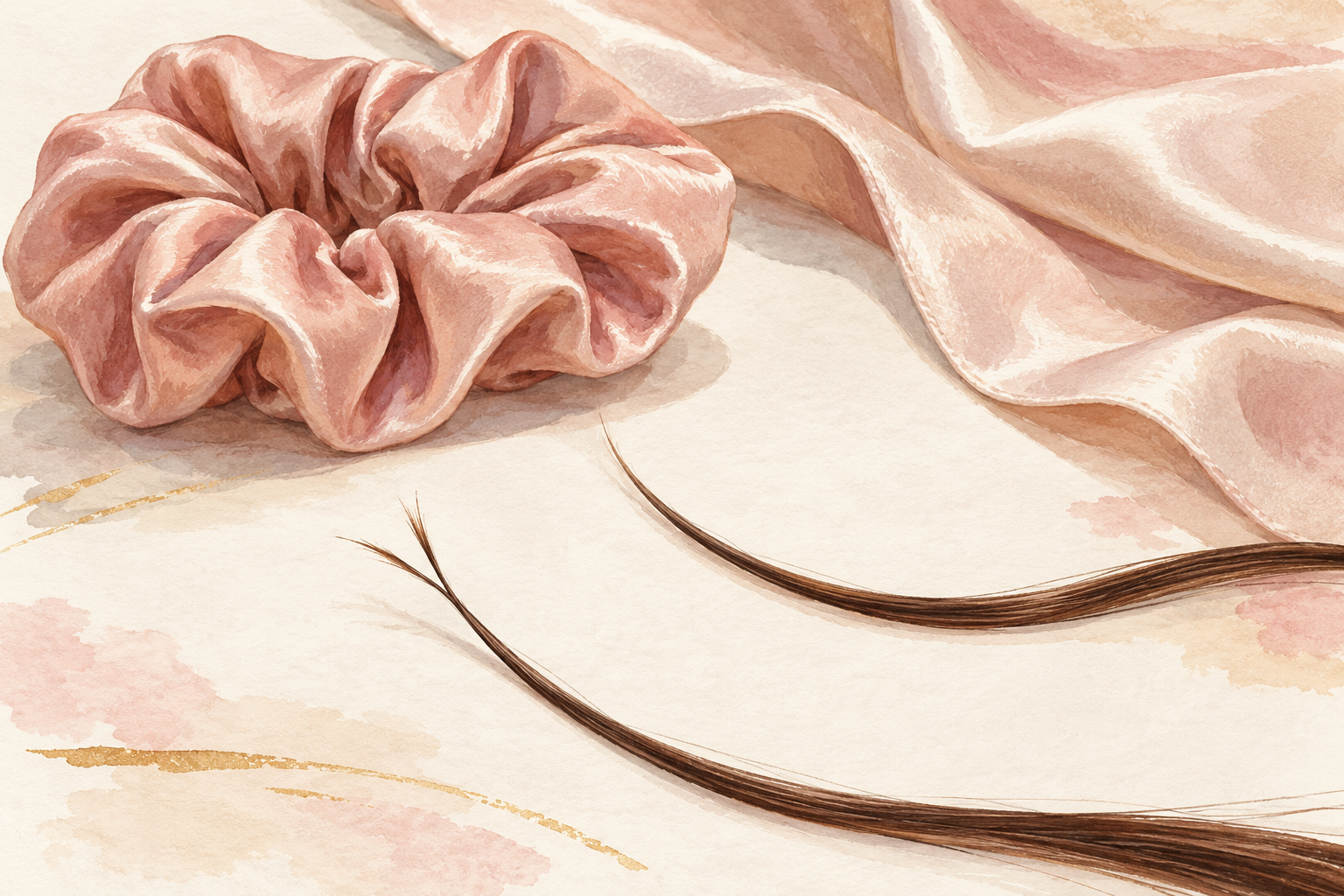 A close illustration shows one forked hair tip beside smooth protected hair and a soft fabric scrunchie.
