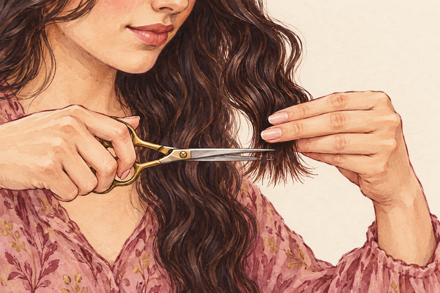 Sharp hair scissors approach the last few millimeters of an attached supported hair section while fingers hold safely above the cutting point.