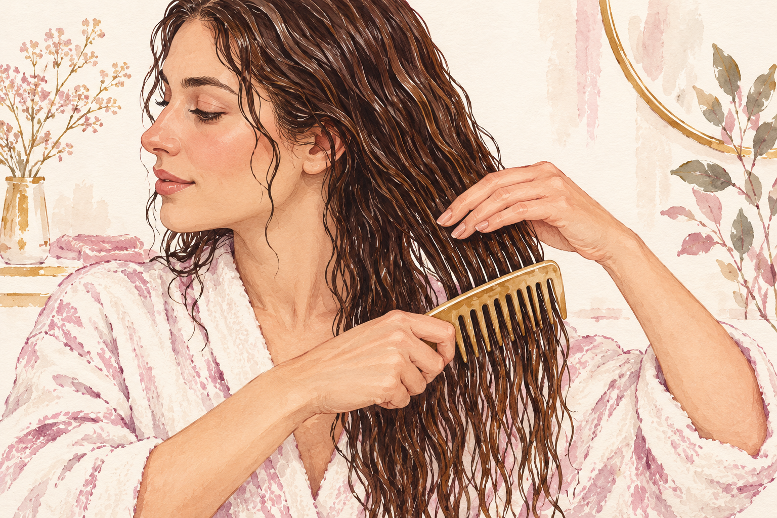 A wide-tooth comb moves through damp attached waves while a connected hand supports the hair above the comb.