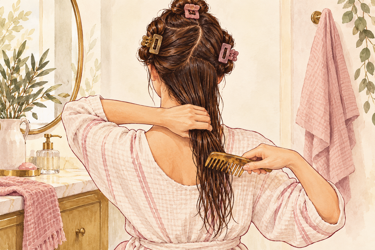 A woman uses a wide-tooth comb on a supported lower hair section while the other sections are clipped up.