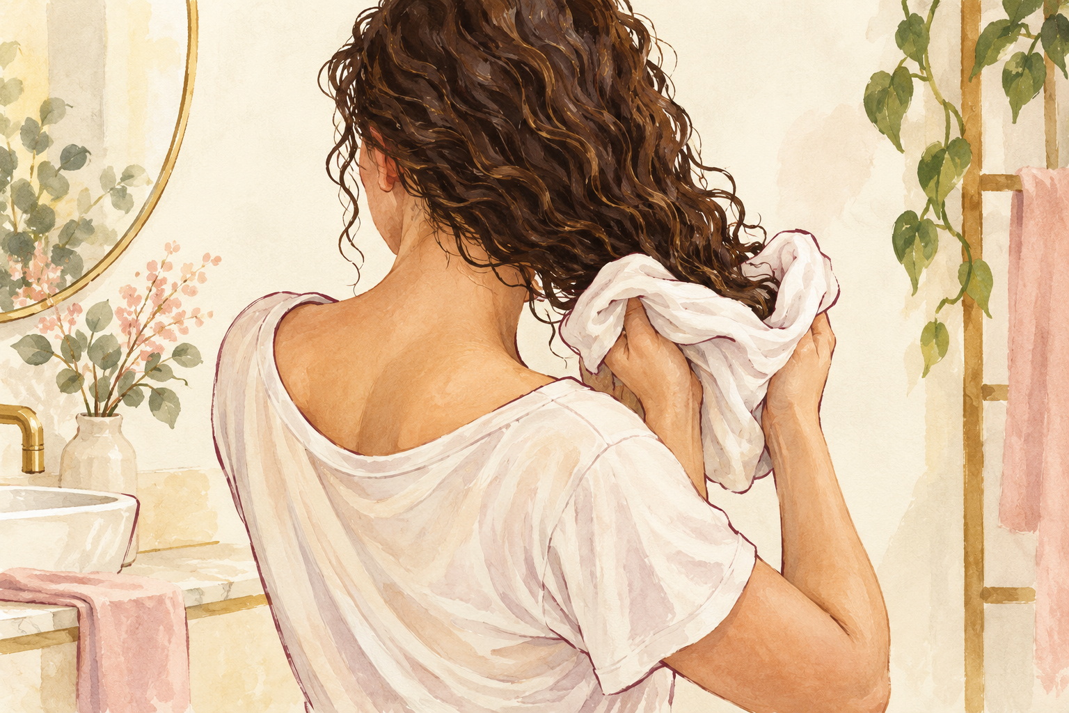 Two connected hands gently squeeze damp curls upward inside a soft cotton tee.