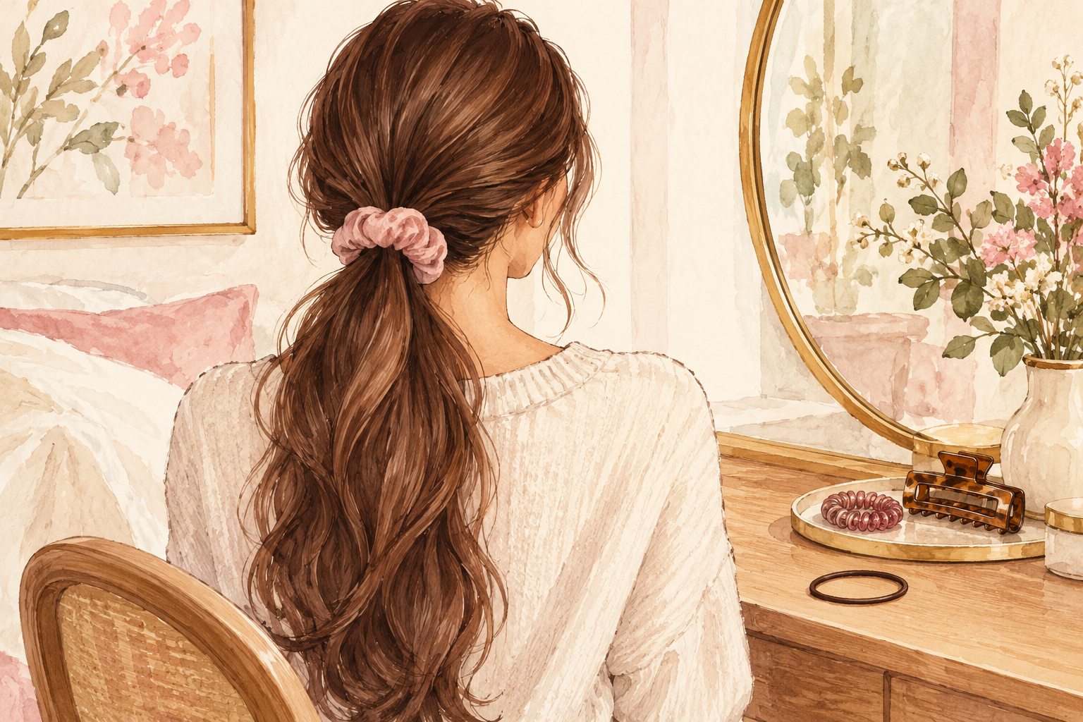 A loose low ponytail is secured with a soft fabric scrunchie while a thin elastic lies unused nearby.
