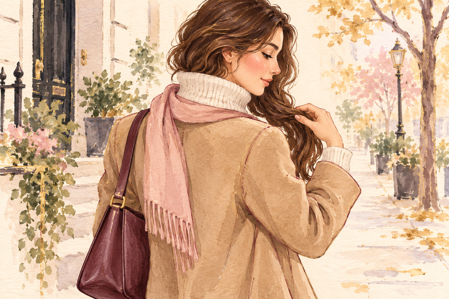 A clothed woman guides her attached ends outside a high knit collar while a bag strap sits away from them.