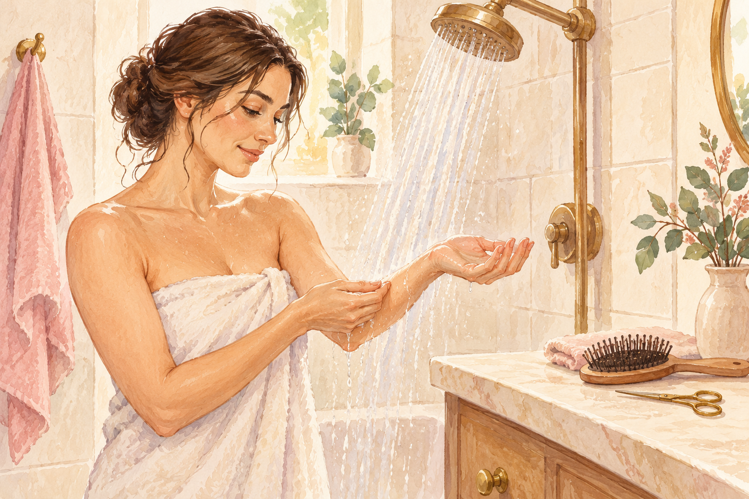 A hand checks shower water against the inner wrist while a soft brush and scissors rest on a counter.
