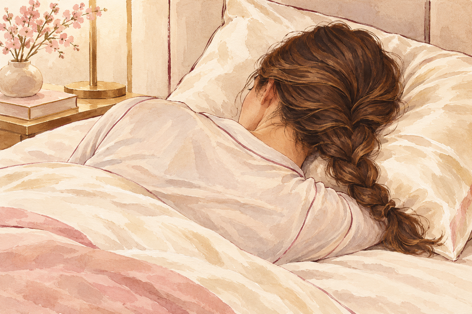 A loose attached braid rests on a smooth satin pillowcase beside a clothed sleeper viewed from behind.