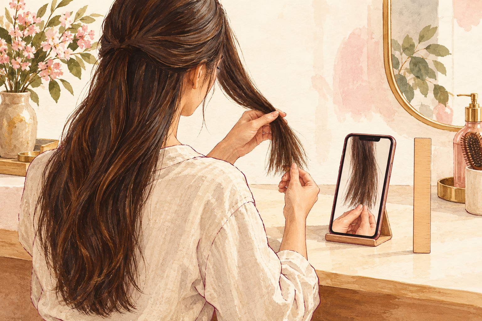 A woman holds an attached hair section beside a phone on a stand and an unmarked ruler for a monthly record.