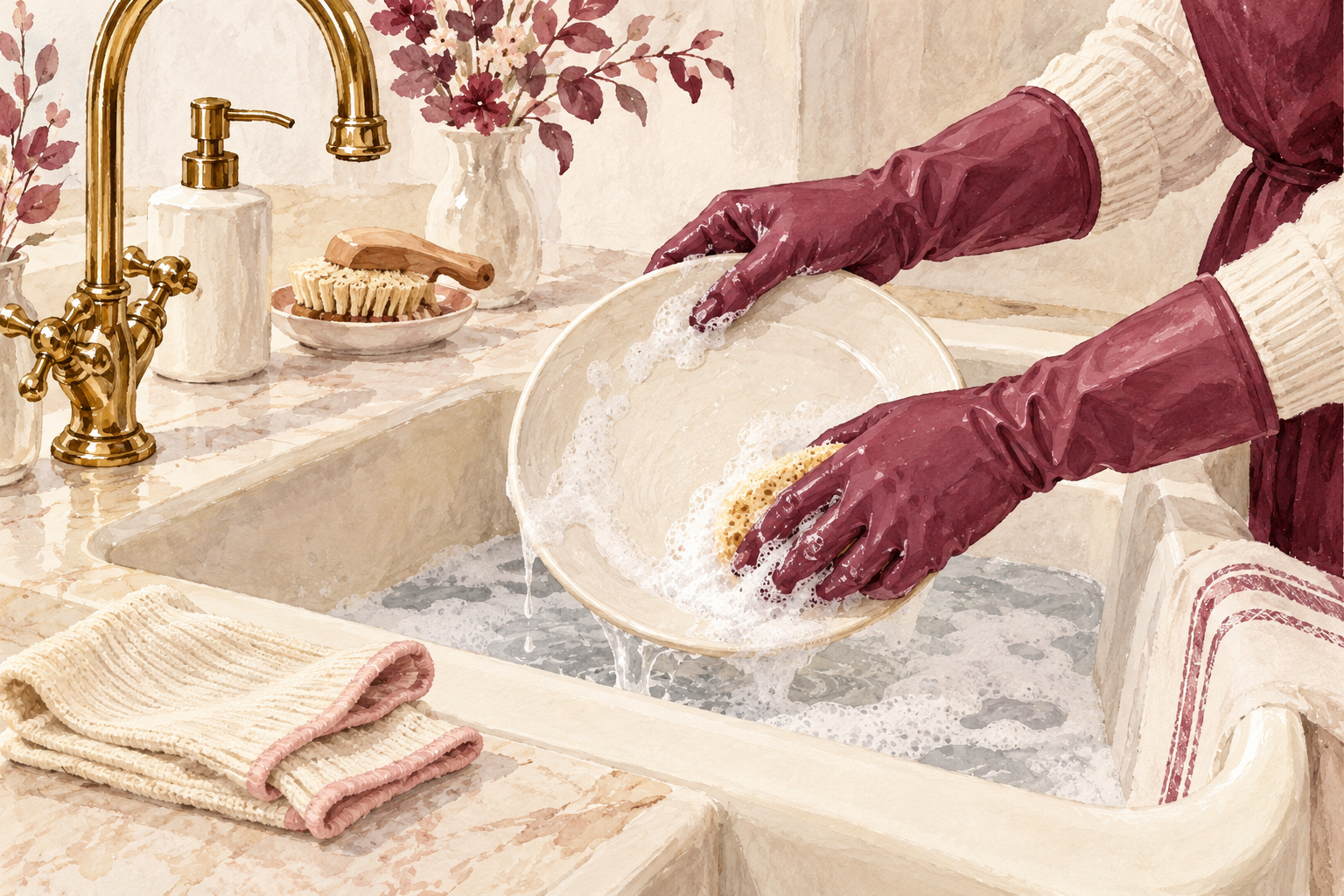 Rubber gloves are worn while washing a plate.