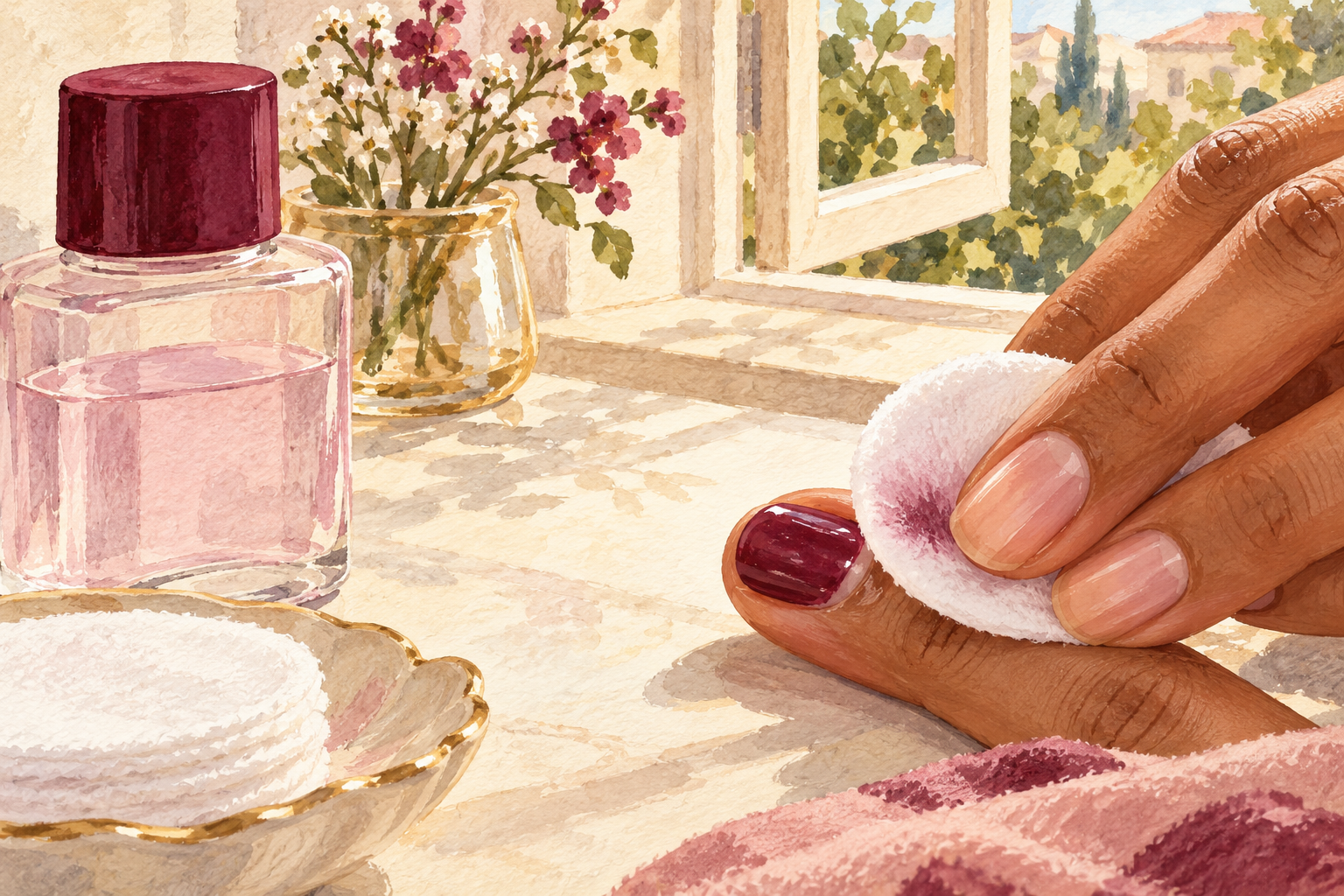 A cotton pad presses directly onto a wine-painted nail.