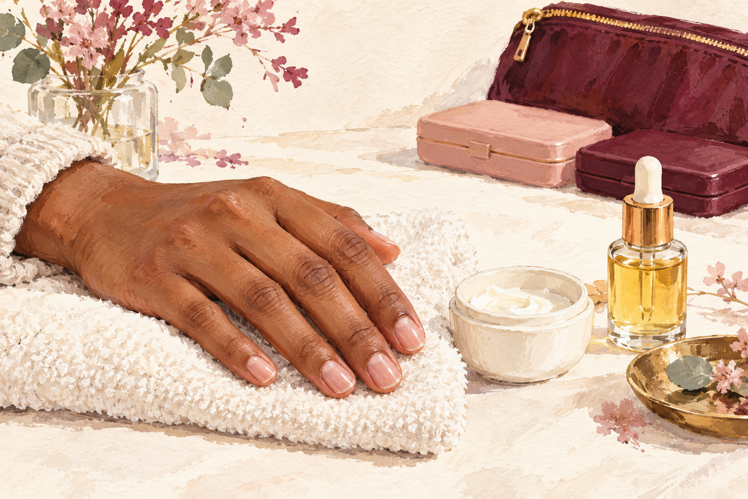 A bare hand rests beside cream, oil and closed nail kits.