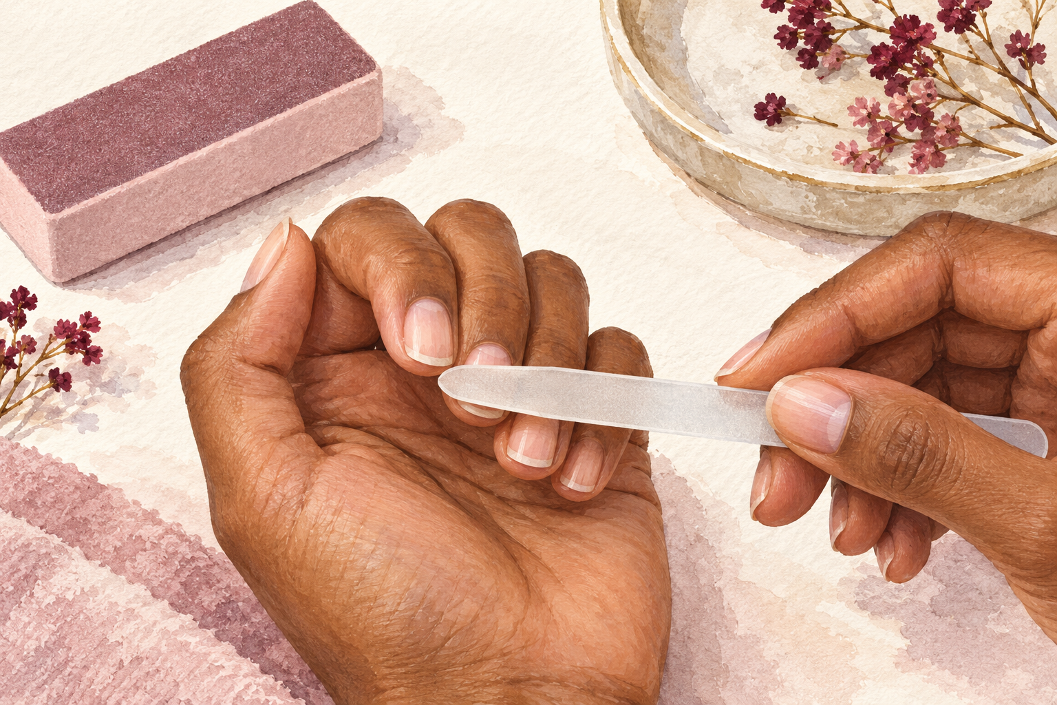 A rounded glass file touches the white edge of a short nail.