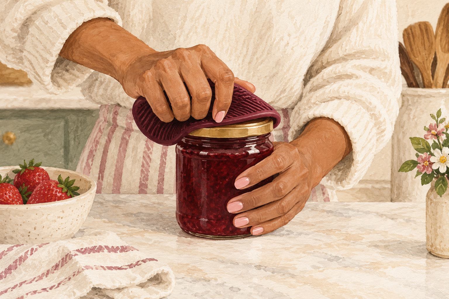 A rubber grip helps turn a jar lid while nails stay clear.