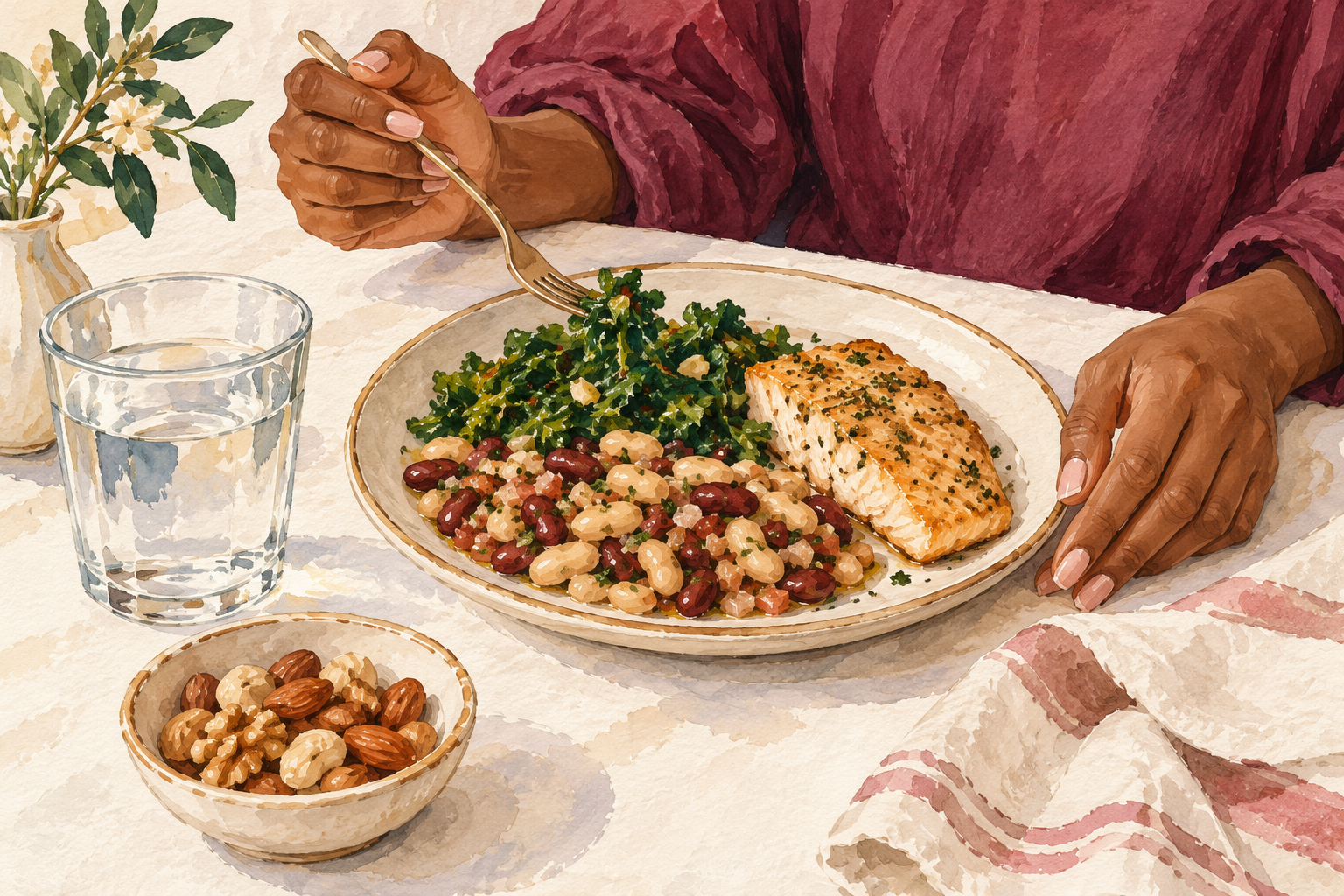 Beans, fish, greens, water and nuts are arranged as a meal.