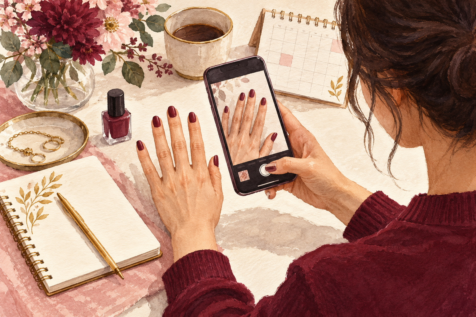 A phone displays a current nail photo beside a calendar and notebook.