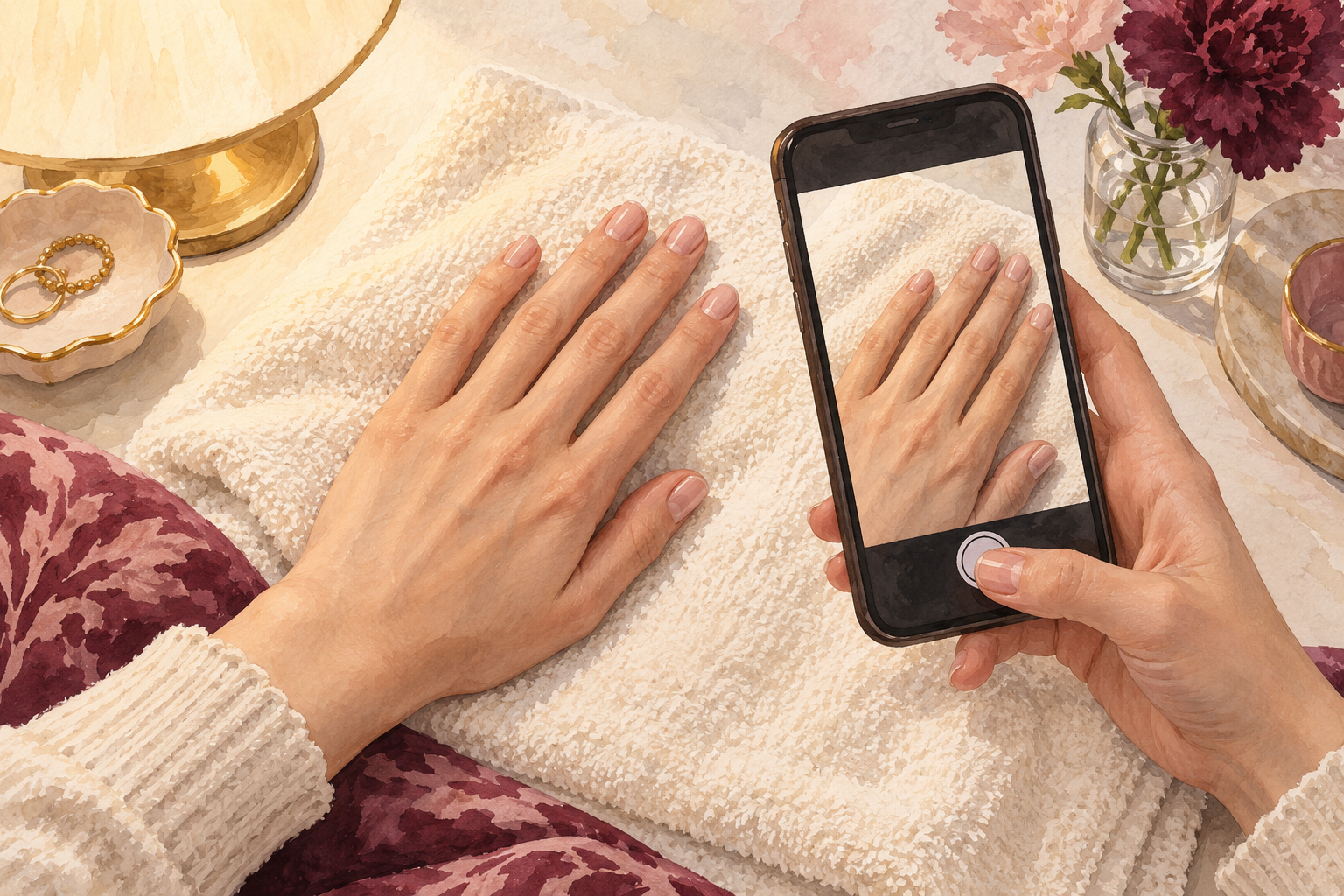 A short-nailed hand is photographed beside a lamp.