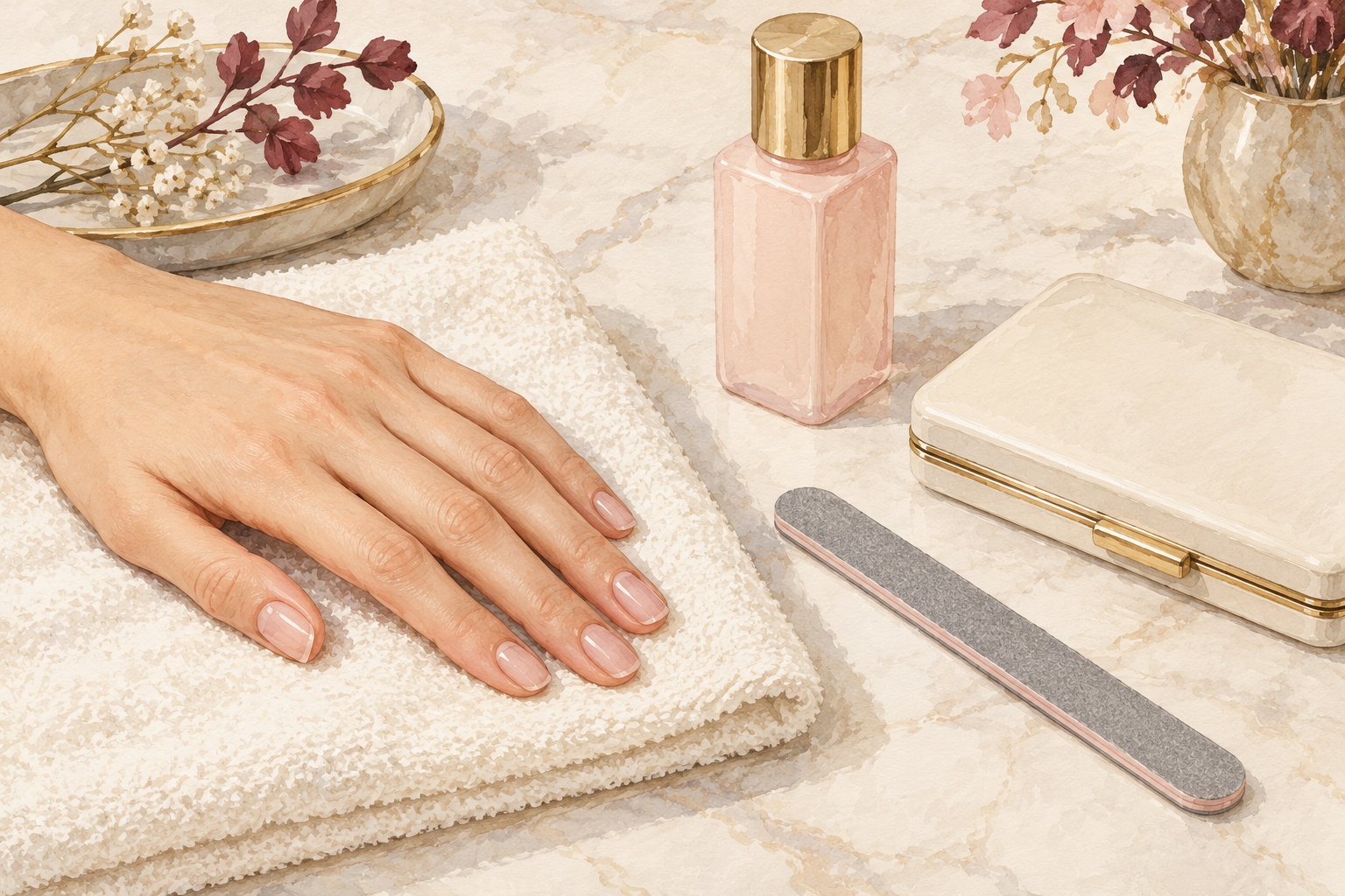 A bare hand rests beside a file, capped bottle and closed kit.