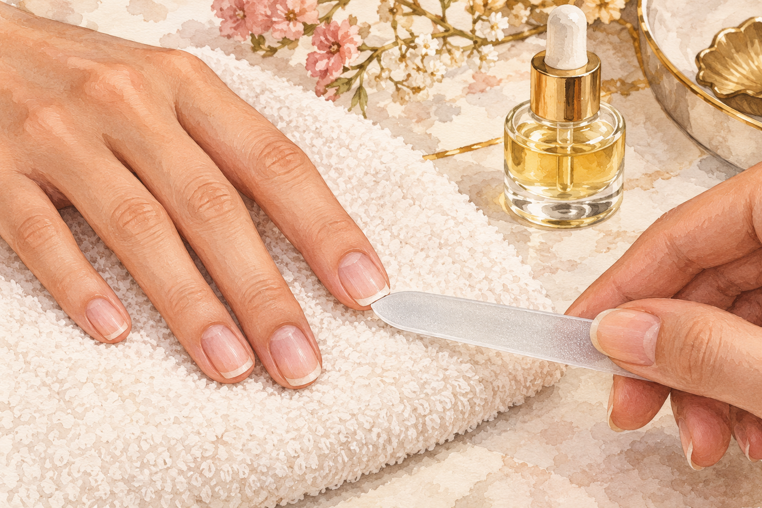 A round glass file touches the free edge of a short bare nail.