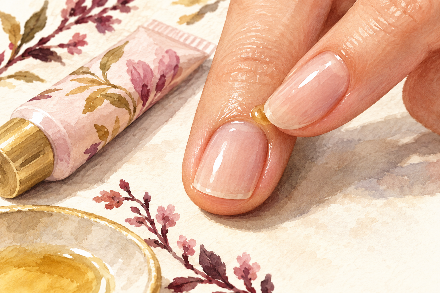 A small oil bead is massaged into skin beside a nail, with cream nearby.