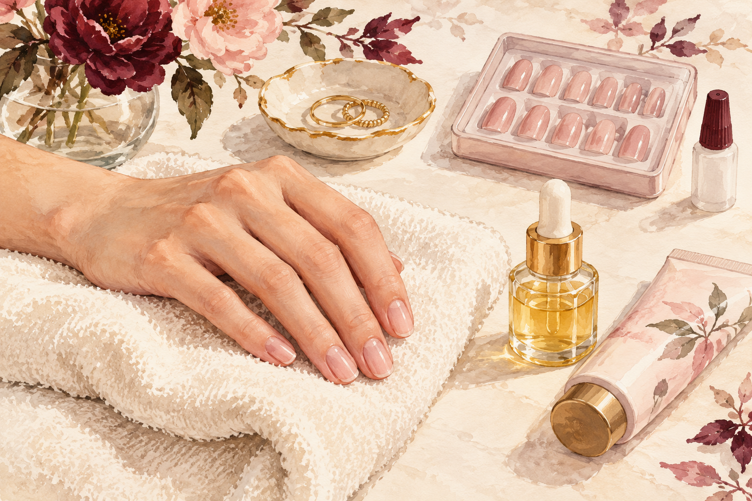 A bare hand rests beside oil, cream and a closed press-on kit.