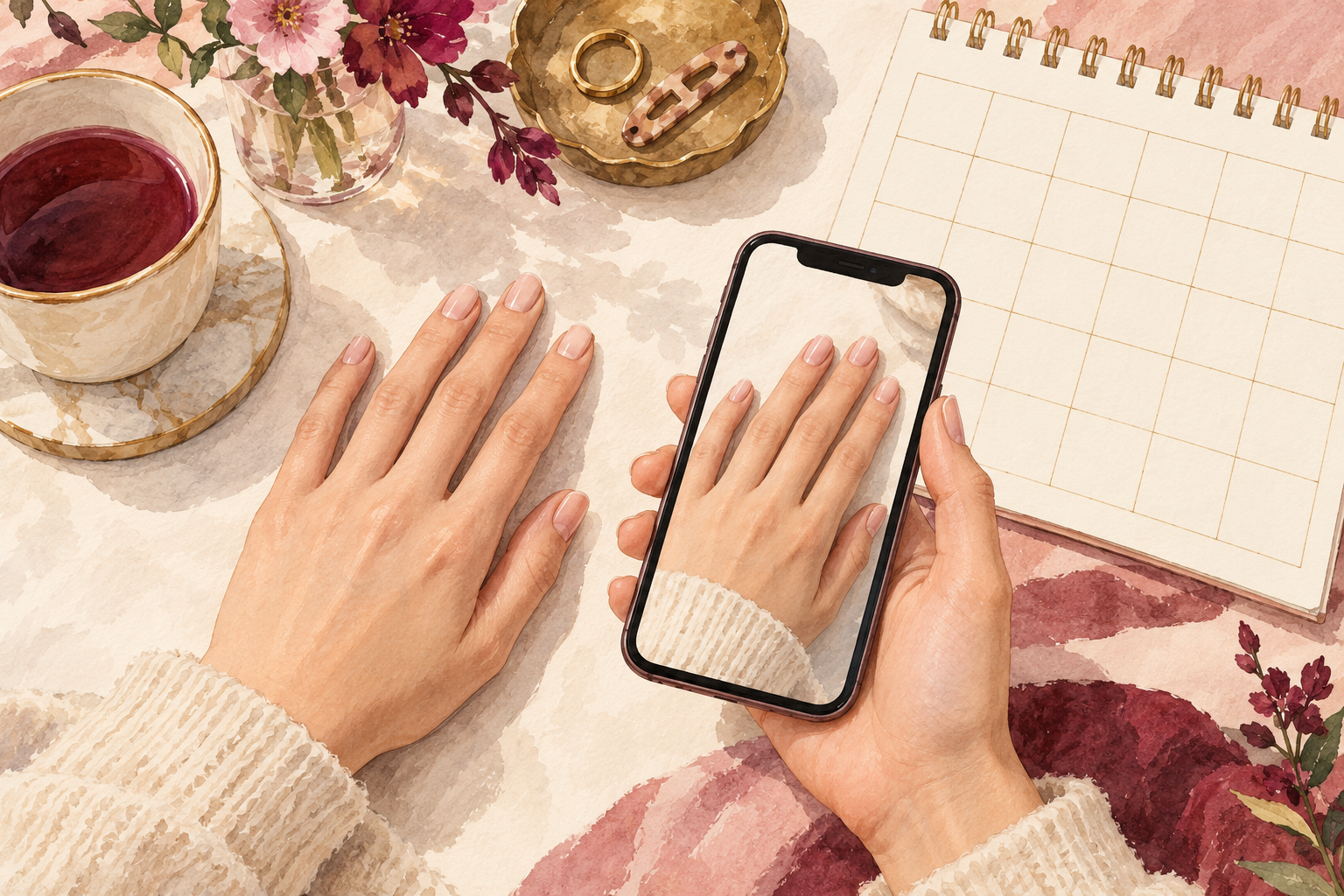 A current photo of bare nails sits beside a blank calendar.