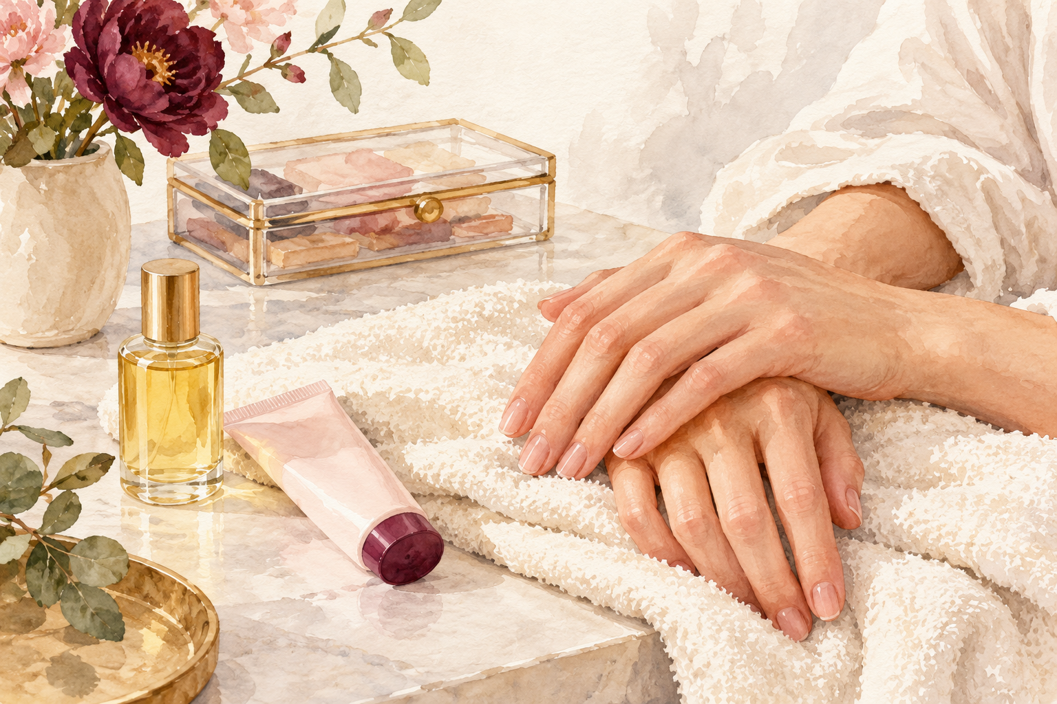 Bare hands rest beside oil and cream, with a closed manicure case nearby.