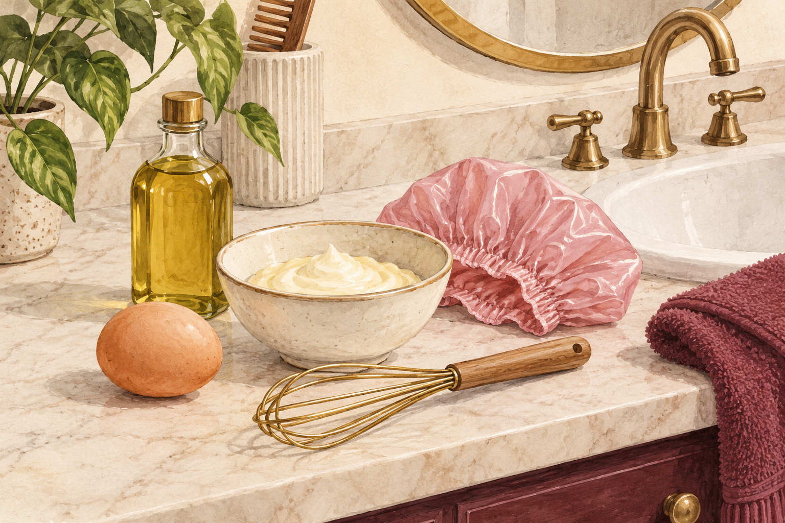 An egg, bowl, whisk and towel sit beside a clean sink.