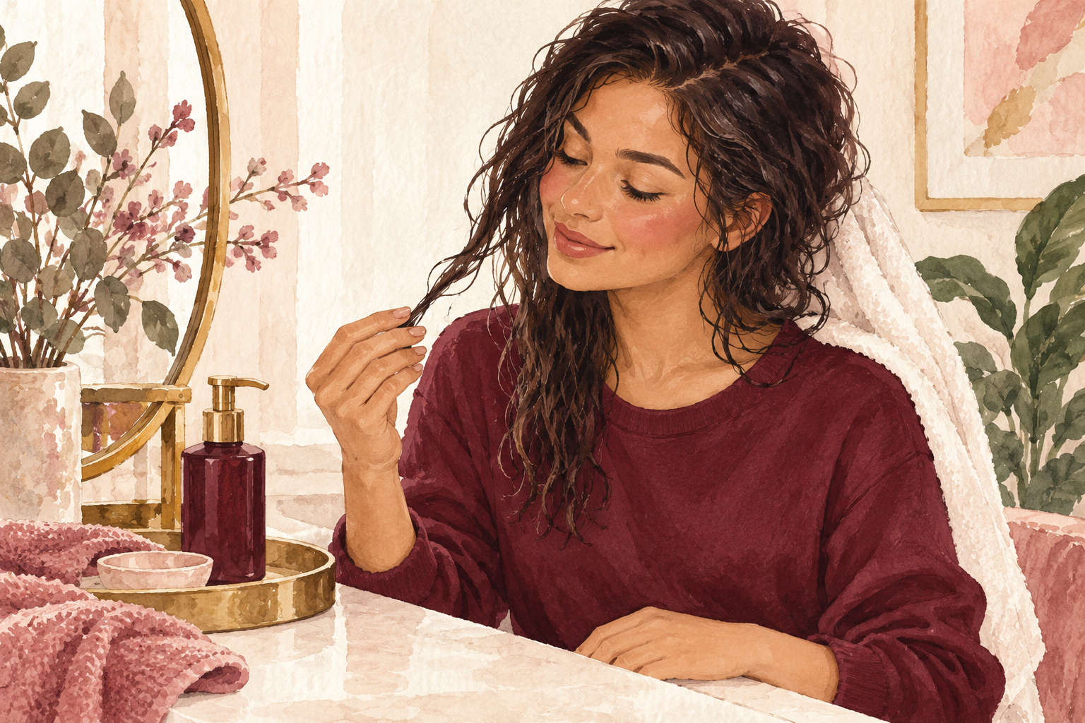 A woman gently observes a damp hair end.