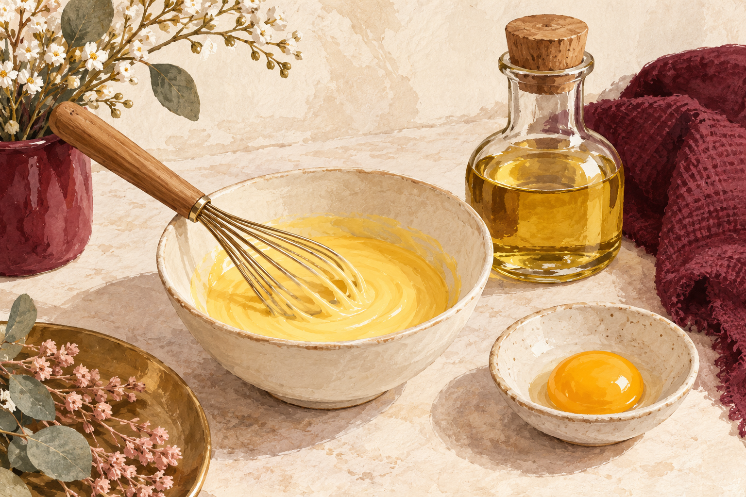 A yolk mixture rests in a small bowl beside oil.