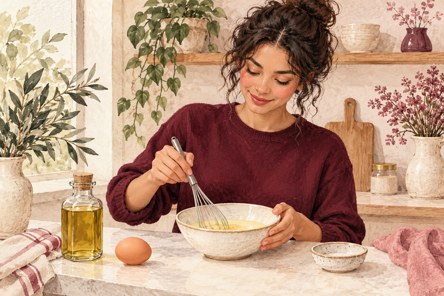 A smooth egg mixture sits beside a clean whisk.