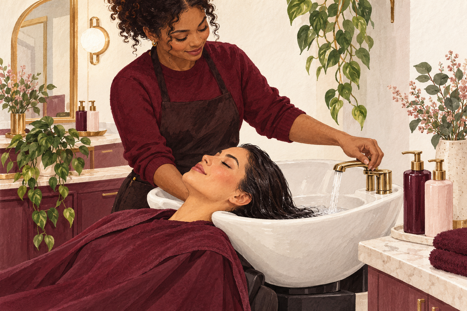 Hair is rinsed under running water at a salon sink.